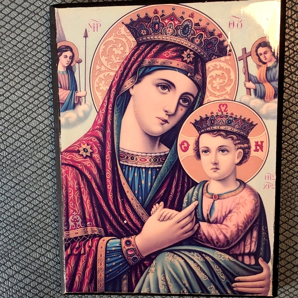 Vintage Blessed Virgin Mary and The Child Jesus Icon Wood Tile on Wood